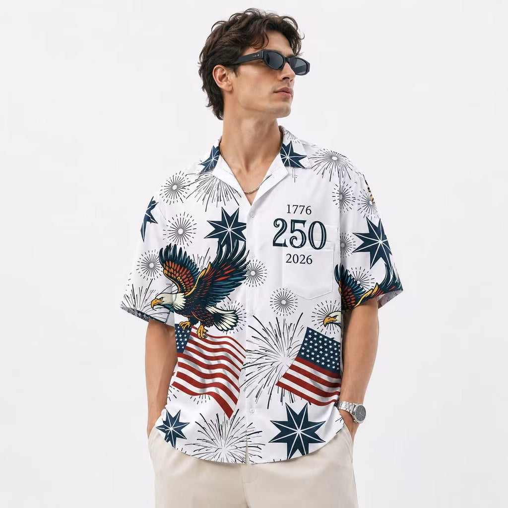 Patriotic Eagle American Flag Hawaiian Shirt Men 1776-2026 USA 250th Independence Day Summer Beach Button Up Shirt